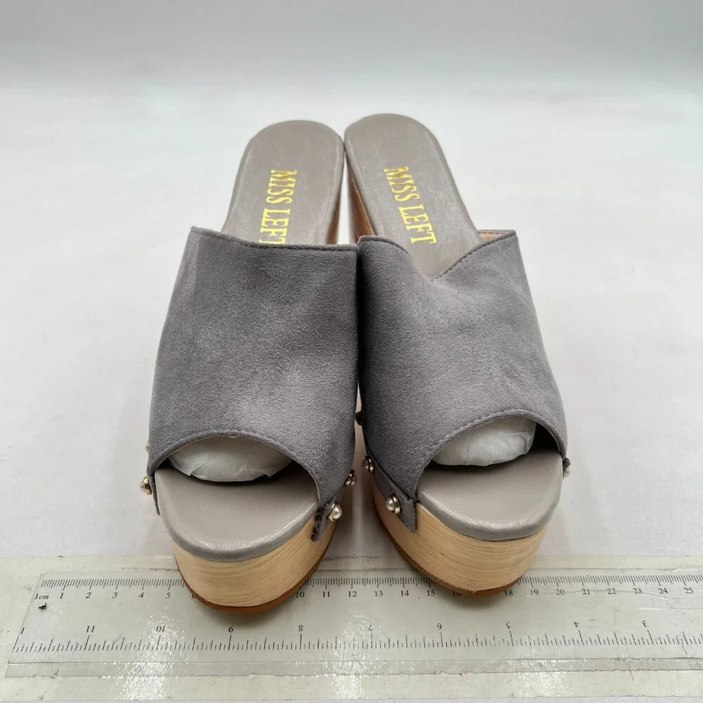 miss left Grey Platform Chunky High Heel Mules Open Toe Studded Slide Sandal